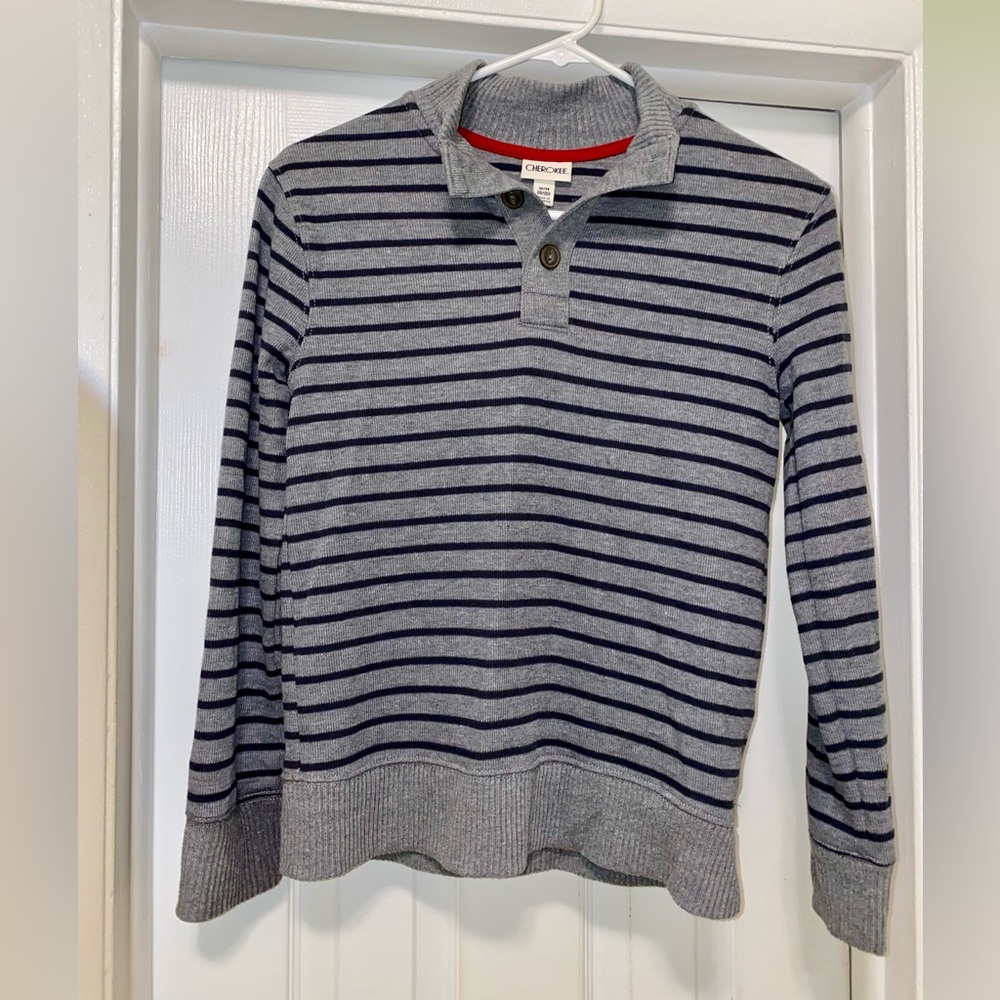 Cherokee gray striped Long Sleeve Boys Knit Sweater, Button Collar size M (8/10)